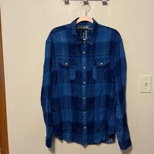 John Varvatos Blue Button Down Check Print Western Pearl Snaps Plaid Size Large